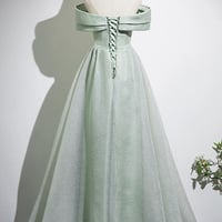 Green Tulle Long Prom Party Dress, A-Line Off the Shoulder Evening Dress - Thumbnail 4
