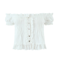 White lace fungus stitching pleated one-shoulder small top shirt - Thumbnail 2