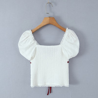 Princess contrast lace V-neck waist puff sleeve shirt - Thumbnail 6