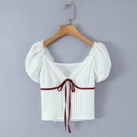 Princess contrast lace V-neck waist puff sleeve shirt - Thumbnail 7