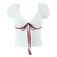 Princess contrast lace V-neck waist puff sleeve shirt - Thumbnail 5