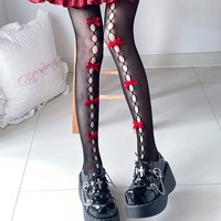 Red Bowknots Fishnet Pantyhose Stockings Tights - Thumbnail 1