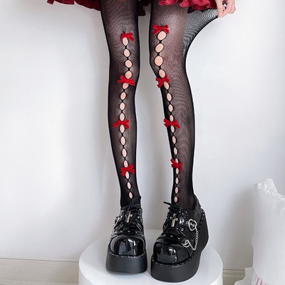 Red bowknots fishnet pantyhose stockings tights