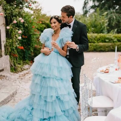 Blue ball gown tiered beach boho wedding dress bridal gown wedding gown
