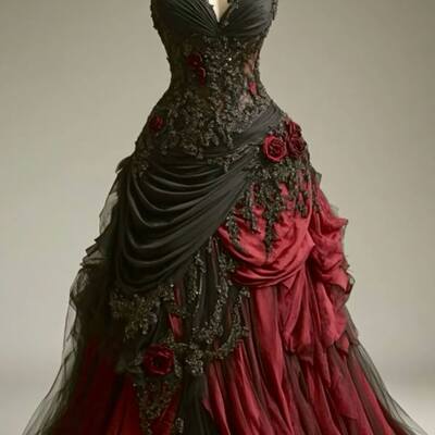 Gothic ball gown burgundy and black handmade flowers wedding dress bridal gown wedding gown