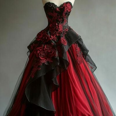 Gothic ball gown burgundy and black handmade flowers wedding dress bridal gown wedding gown