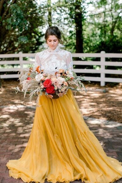 Simple A Line Yellow and White Lace Wedding Dress Bridal Gown Wedding Gown
