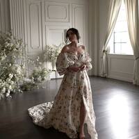 Floral Wedding Gown Wedding Dress, Off the Shoulder Flowers Satin Wedding Gown Bridal Dress - Thumbnail 2