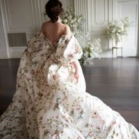 Floral Wedding Gown Wedding Dress, Off the Shoulder Flowers Satin Wedding Gown Bridal Dress - Thumbnail 3