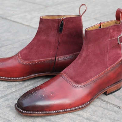 Bespoke handmade men genuine leather suede ankle high strap boot