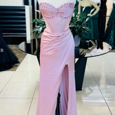 Elegant pink shiny exquisite beaded long slit evening dresses