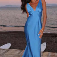 Simple Blue V-neck Satin Prom Dresses - Thumbnail 1