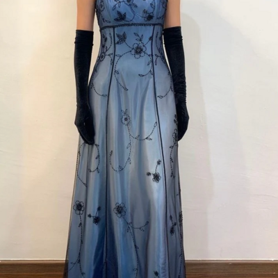 Elegant a line blue delicate beaded long tulle evening dresses