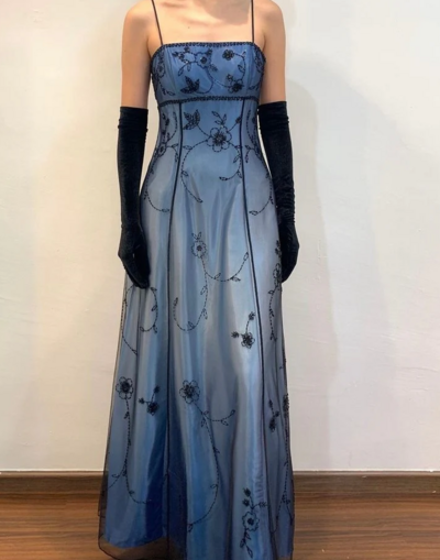 Elegant A Line Blue Delicate Beaded Long Tulle Evening Dresses