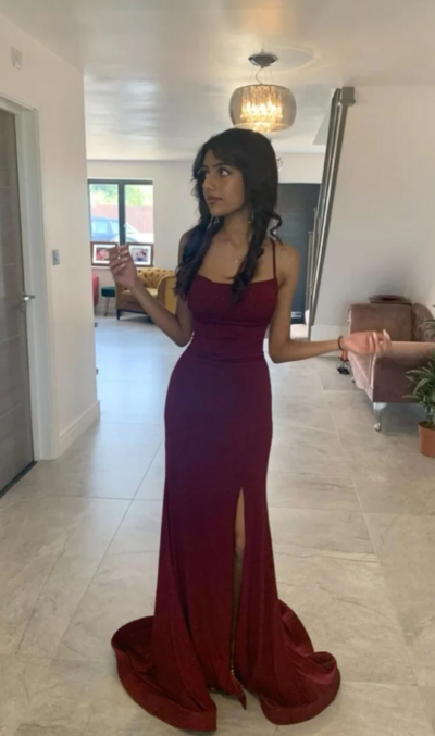 Simple Burgundy A Line Split Prom Dresses