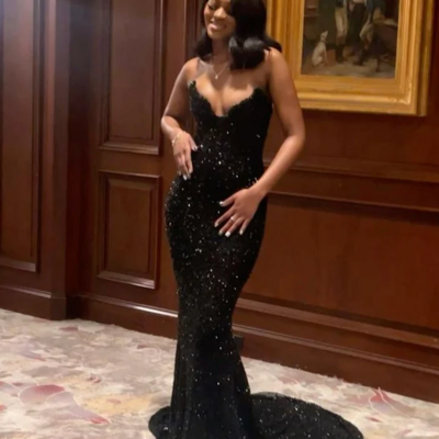 Black mermaid long sequin prom dress evening gown 