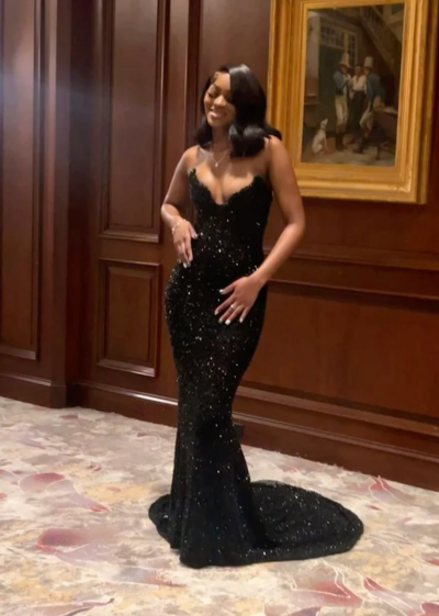 Black Mermaid Long Sequin Prom Dress Evening Gown 
