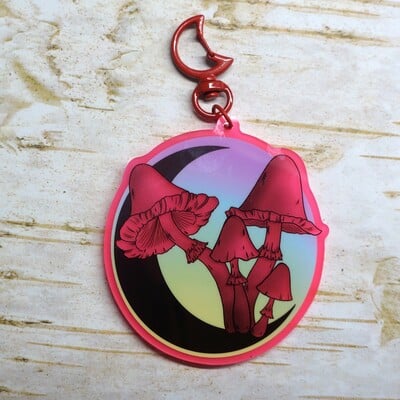 Red glowing mushroom and moon keychain
