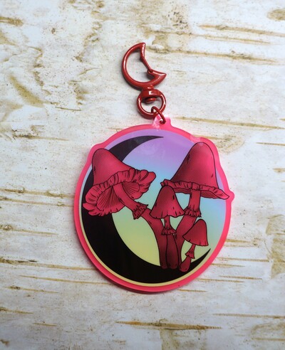 Red Glowing mushroom and moon keychain