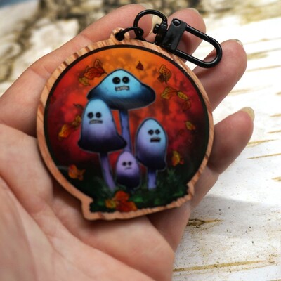 Chattering ink cap mushrooms wood keychain