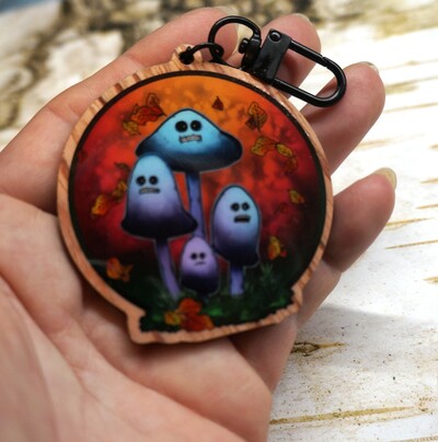Chattering Ink Cap mushrooms wood keychain