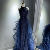 Navy Blue Sequins Long Prom Party Dress - Thumbnail 1