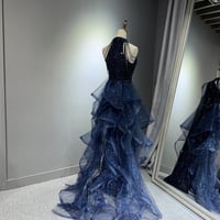 Navy Blue Sequins Long Prom Party Dress - Thumbnail 5