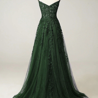 Green Tulle Lace Long A-Line Prom Party Dress - Thumbnail 2