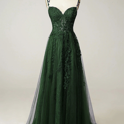 Green tulle lace long a-line prom party dress - Thumbnail 1