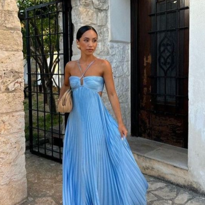 Elegant halter pleated floor length blue prom dresses - Thumbnail 2