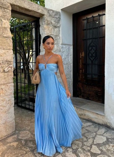 Elegant Halter Pleated Floor Length Blue Prom Dresses