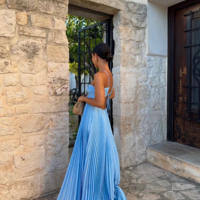Elegant Halter Pleated Floor Length Blue Prom Dresses - Thumbnail 1