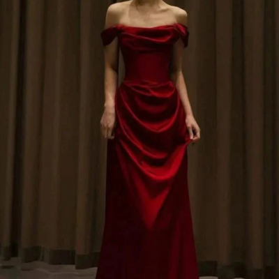 Off-shoulder wine red stain formal evening dresses - Thumbnail 3