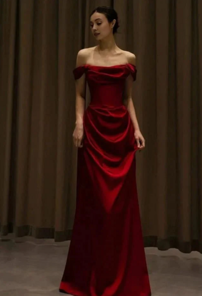 Off-Shoulder Wine Red Stain Formal Evening Dresses