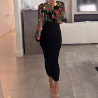 Fashion Rose Embroidery Mesh Patchwork Long Sleeved Plum Dress - Thumbnail 1