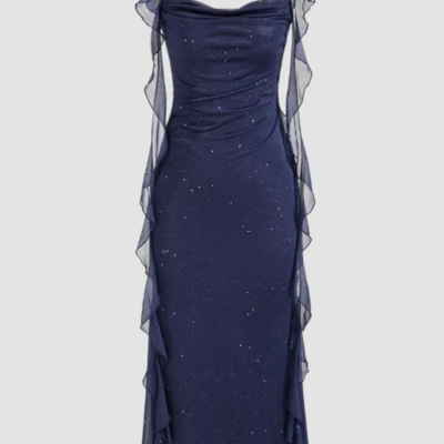 Sexy cowl neck ruffle navy blue evening dress - Thumbnail 1