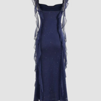 Sexy Cowl Neck Ruffle Navy Blue Evening Dress - Thumbnail 1