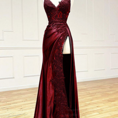 Straps wine red v neck satin lace long prom dresses - Thumbnail 1