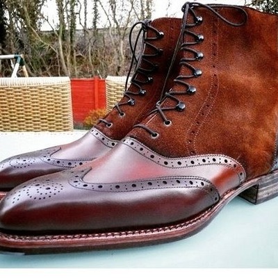 Handmade men brown leather suede ankle lace up wingtip balmoral dress boot