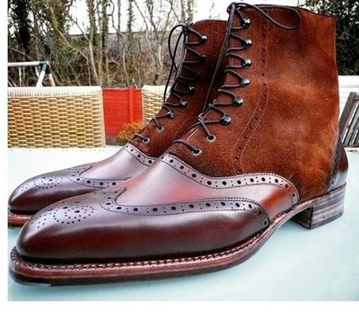 Handmade Men Brown Leather Suede Ankle Lace up Wingtip Balmoral Dress Boot