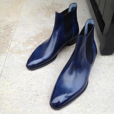Handmade men blue calf leather chelsea dress boot - Thumbnail 1