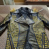 Crafted Leather New Handmade Punk Long Spiked Golden Studded Brando Black Adorable Leather Jacket - Thumbnail 2
