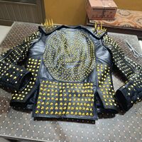 Crafted Leather New Handmade Punk Long Spiked Golden Studded Brando Black Adorable Leather Jacket - Thumbnail 1