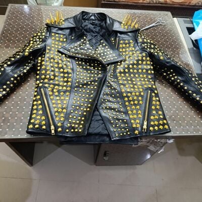Crafted leather new handmade punk long spiked golden studded brando black adorable leather jacket - Thumbnail 4