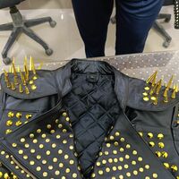 Crafted Leather New Handmade Punk Long Spiked Golden Studded Brando Black Adorable Leather Jacket - Thumbnail 4