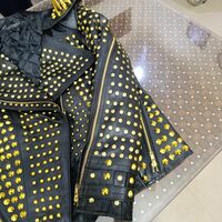 Crafted Leather New Handmade Punk Long Spiked Golden Studded Brando Black Adorable Leather Jacket - Thumbnail 5