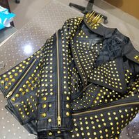 Crafted Leather New Handmade Punk Long Spiked Golden Studded Brando Black Adorable Leather Jacket - Thumbnail 6