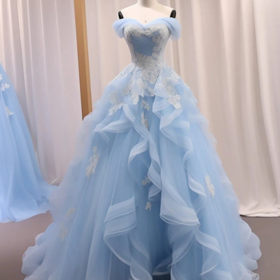 Sweet lace off shoulder blue prom dresses birthday dresses - Thumbnail 2