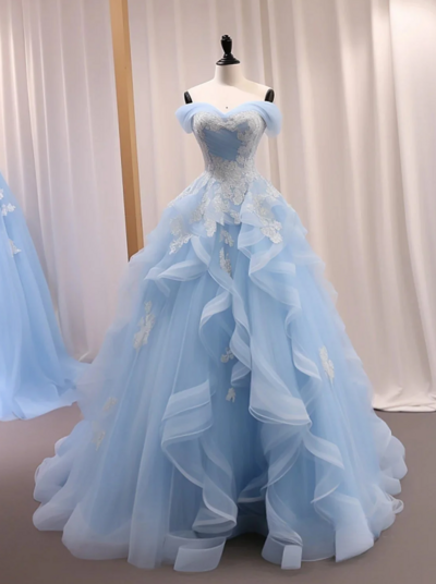 Sweet Lace Off Shoulder Blue Prom Dresses Birthday Dresses