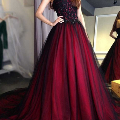 Classic red and black a line lace prom dresses - Thumbnail 1